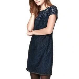 Ann Taylor LOFT Lace Shift Dress Women’s 10‎ Navy Short Sleeve Lined Cocktail
